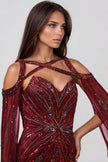 Burgundy Silver Sequin Strapless Corset Maxi Dress with Detachable Cape
