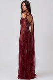 Burgundy Silver Sequin Strapless Corset Maxi Dress with Detachable Cape