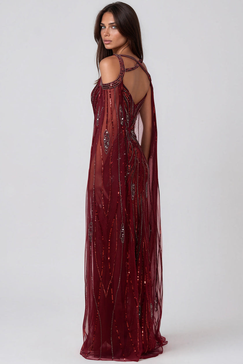 Burgundy Silver Sequin Strapless Corset Maxi Dress with Detachable Cape