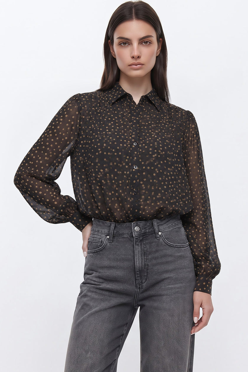Black Polkadot Bubble Hem Blouse