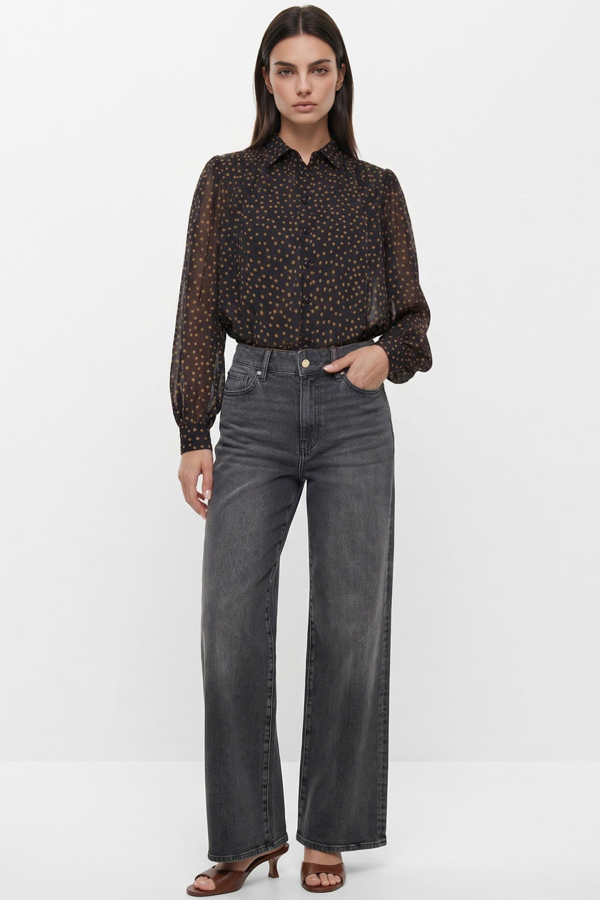 Black Polkadot Bubble Hem Blouse