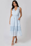 Blue Button Through Crochet Cotton Midi Dress