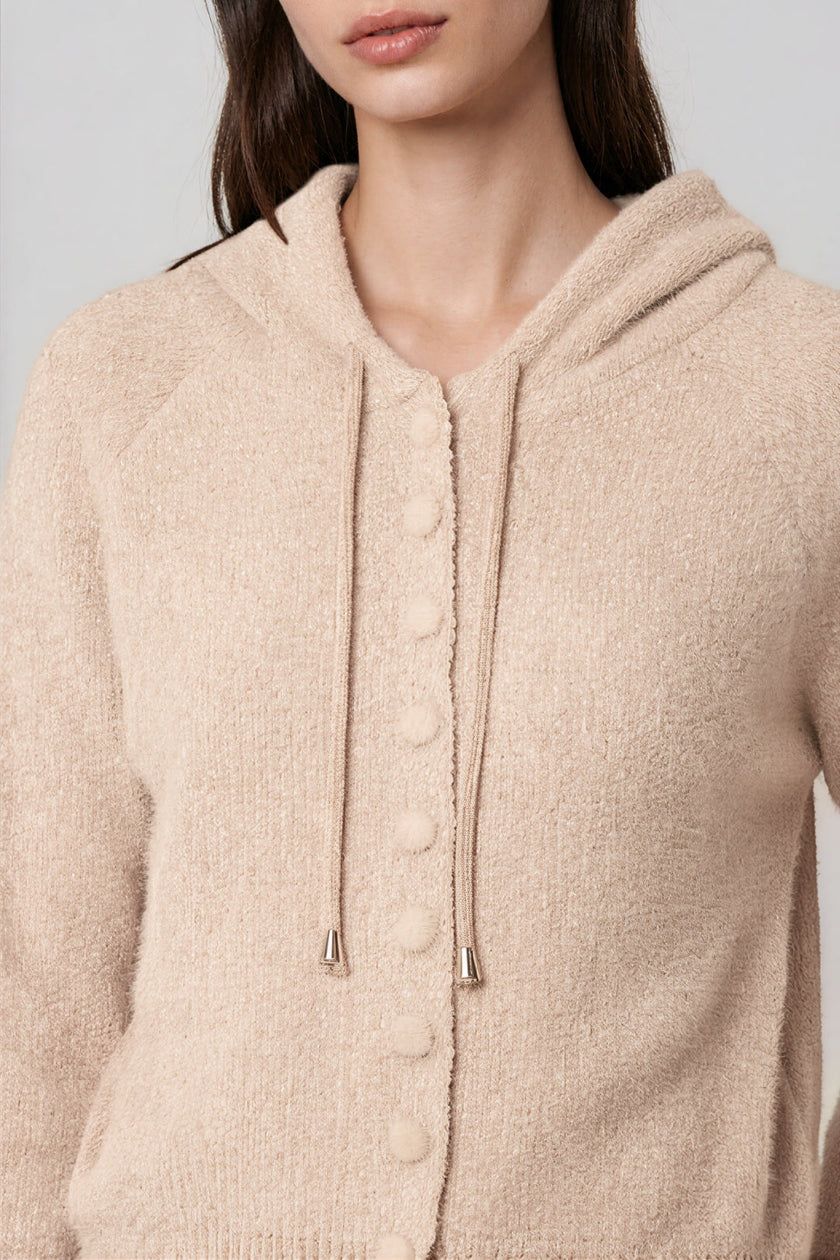 Beige Soft Knit Hooded Cardigan