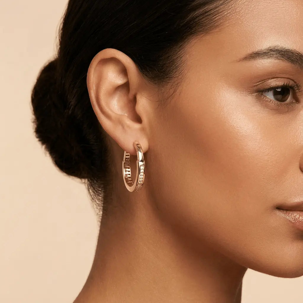 Solid Gold Earrings – Classic Pavé Front Hoop | Gold | Majestic Jewellery