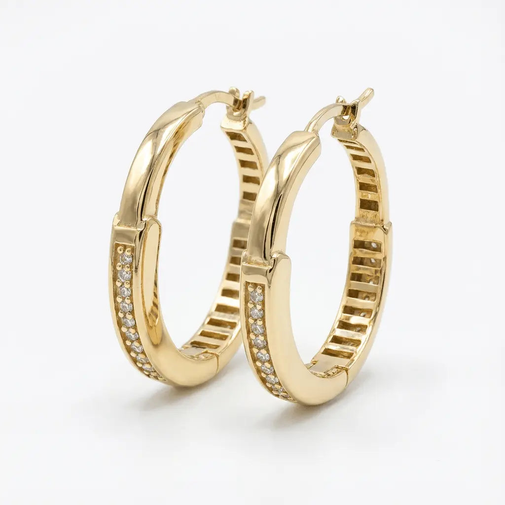 Solid Gold Earrings – Classic Pavé Front Hoop | Gold | Majestic Jewellery