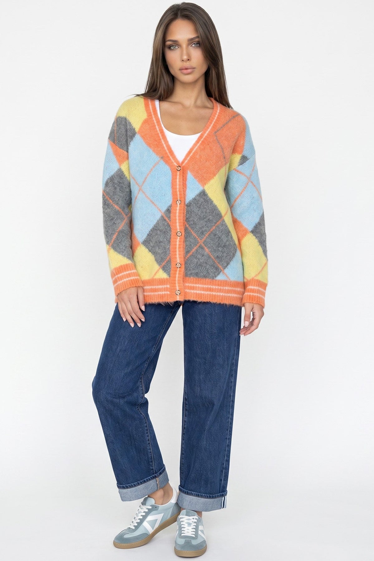 Orange Argyle Wool‑Blend Knit Cardigan