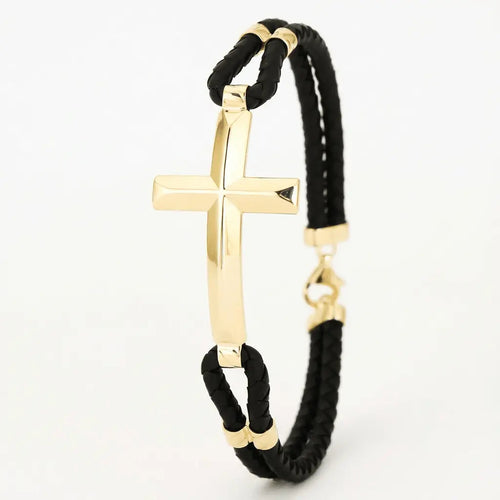 14K Gold Detail Bracelet – Bold Cross Braided | Braided Black Band | Majestic Jewellery