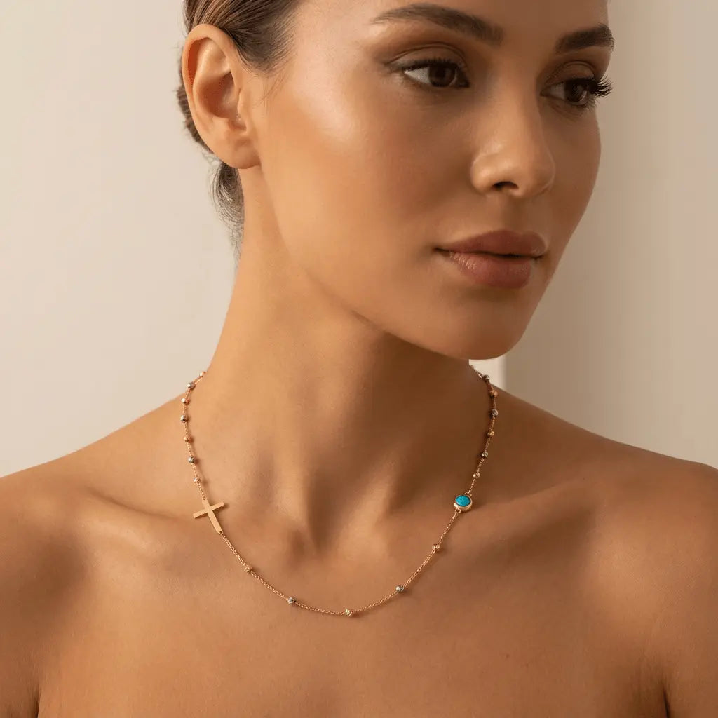 14K Gold Turquoise Necklace – Cross Turquoise Accent | Majestic Jewellery