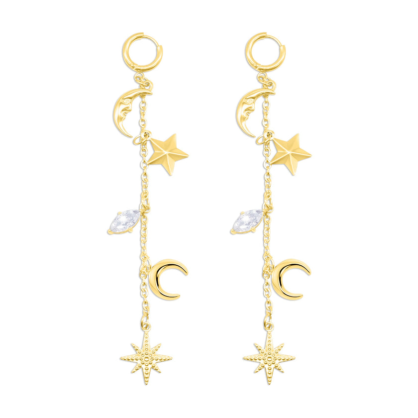 Gold Cassiopeia Star and Moon Earrings