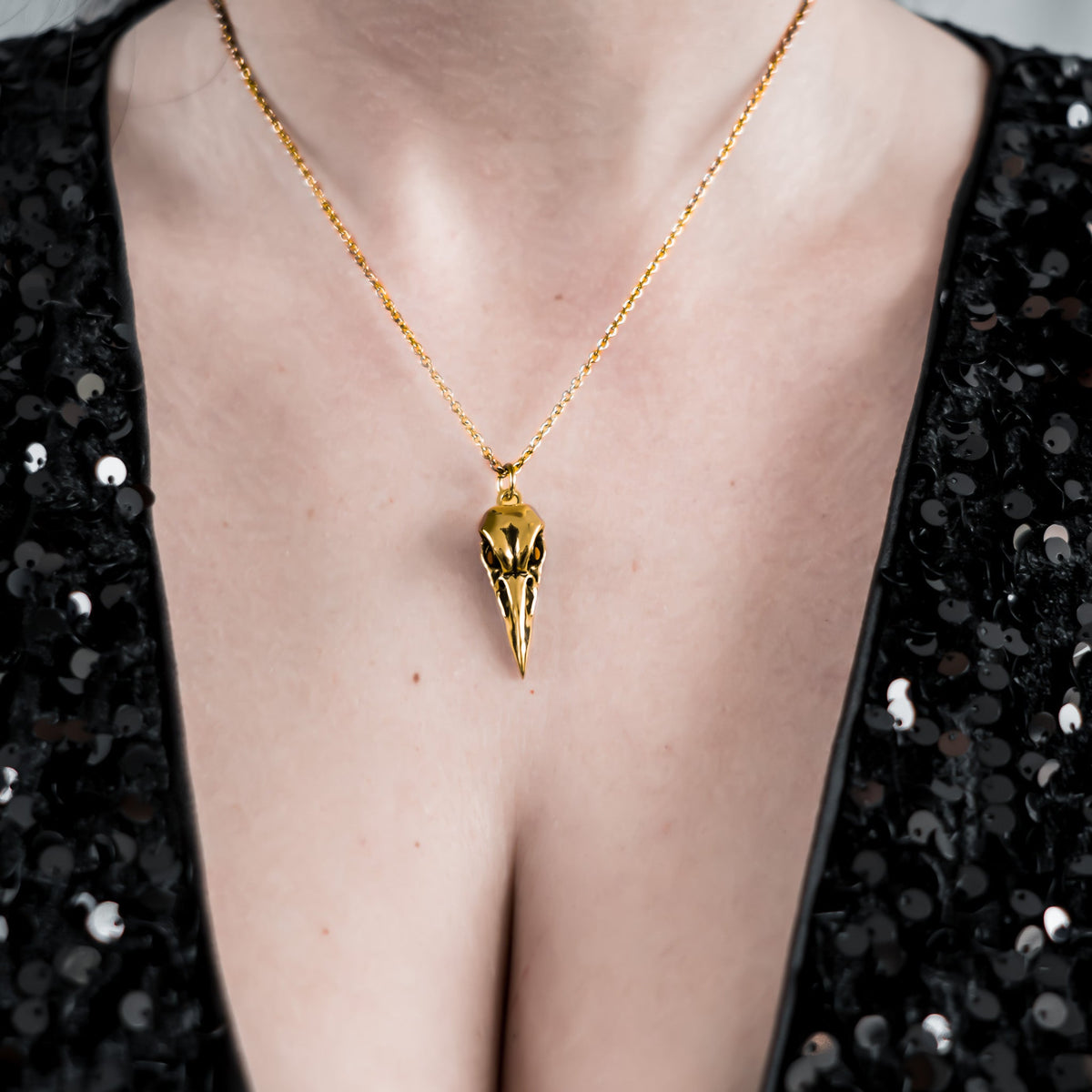 Gold Raven Bird Skull Necklace