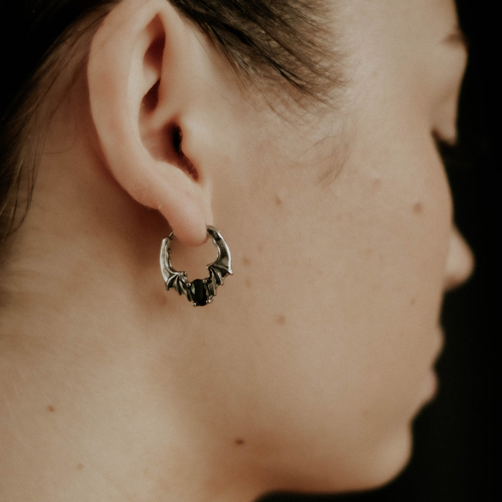 Nocturnal Black Gem Bat Hoop Earrings