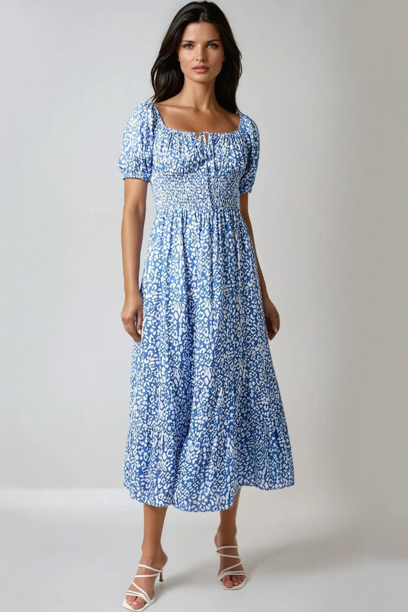 Blue Animal Print Shirred Midi Dress