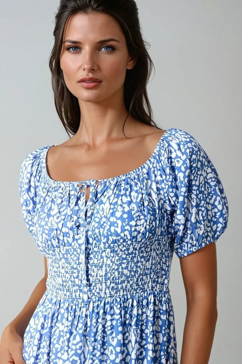 Blue Animal Print Shirred Midi Dress