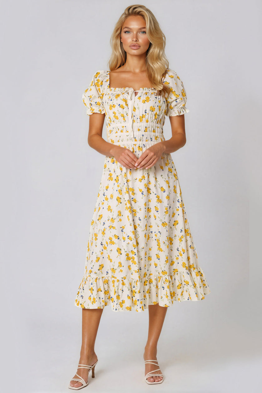 Abito midi in cotone a fiori giallo