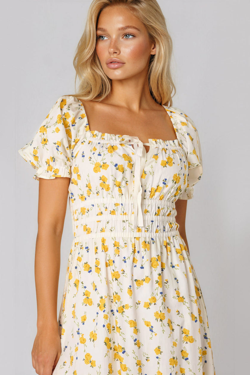Abito midi in cotone a fiori giallo