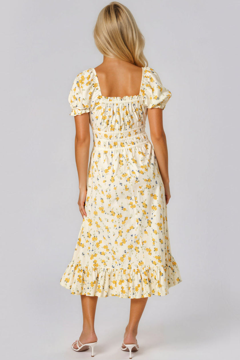 Abito midi in cotone a fiori giallo
