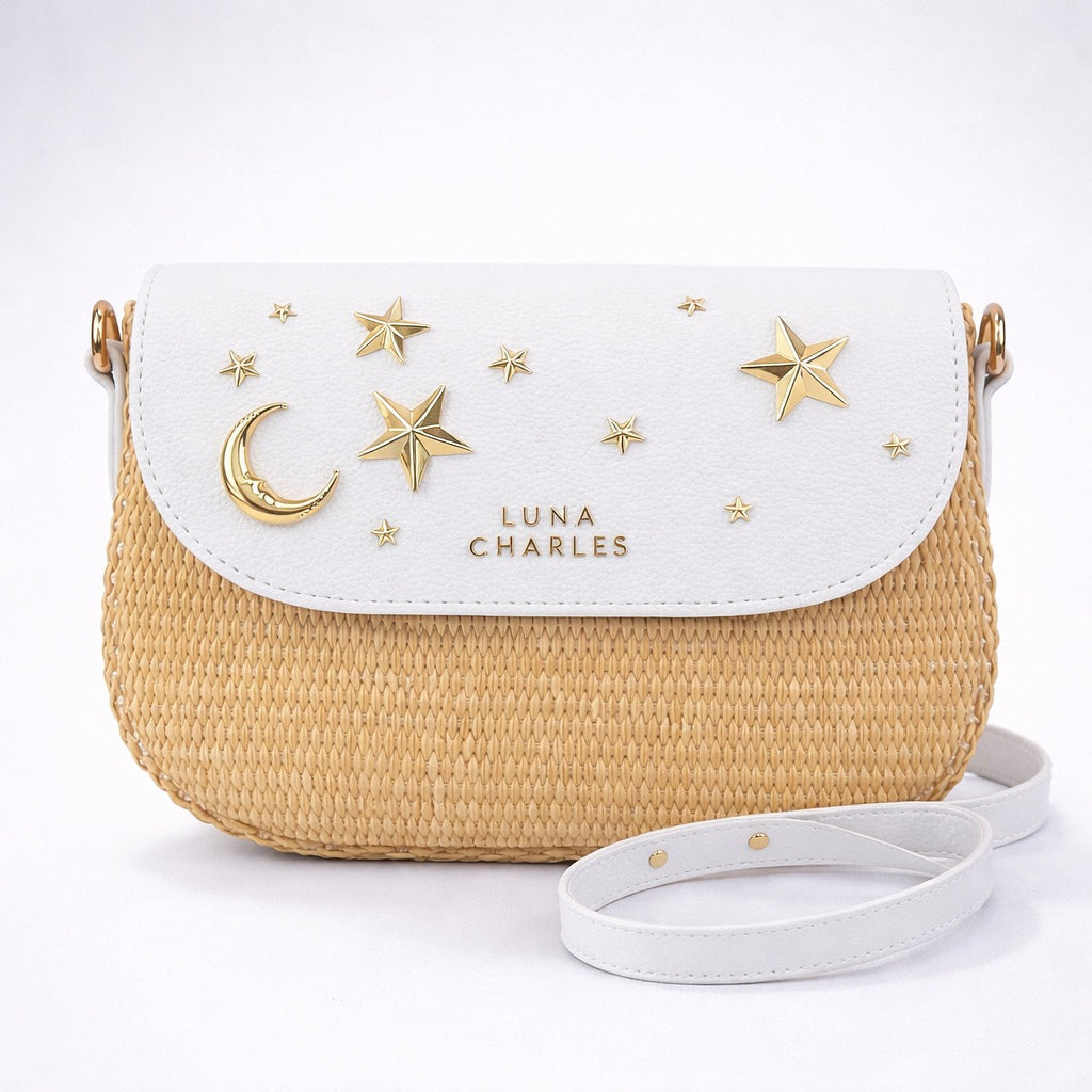 Elena Star Studded Rattan Handbag - White & Gold