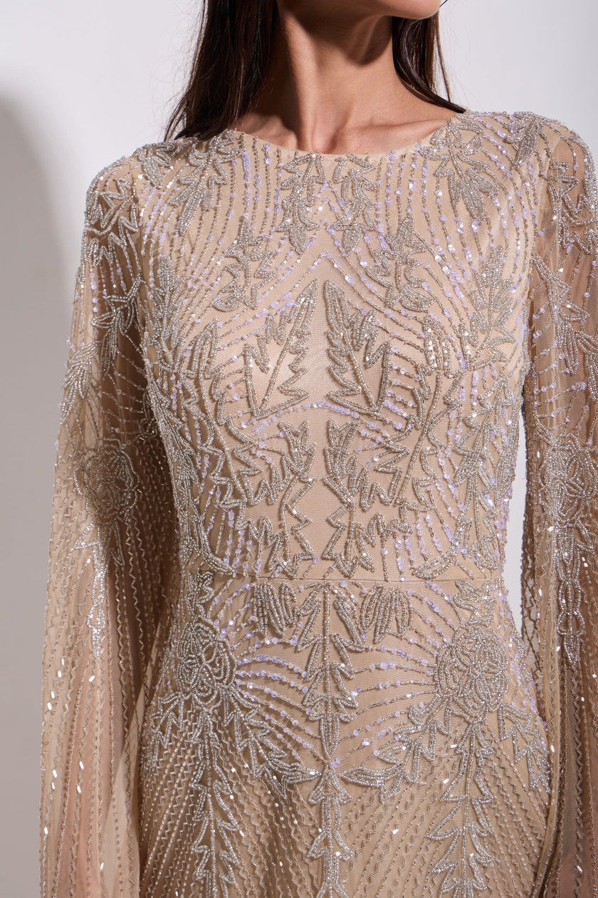 Nude Embellished Angel Sleeve Evening Maxi Dress