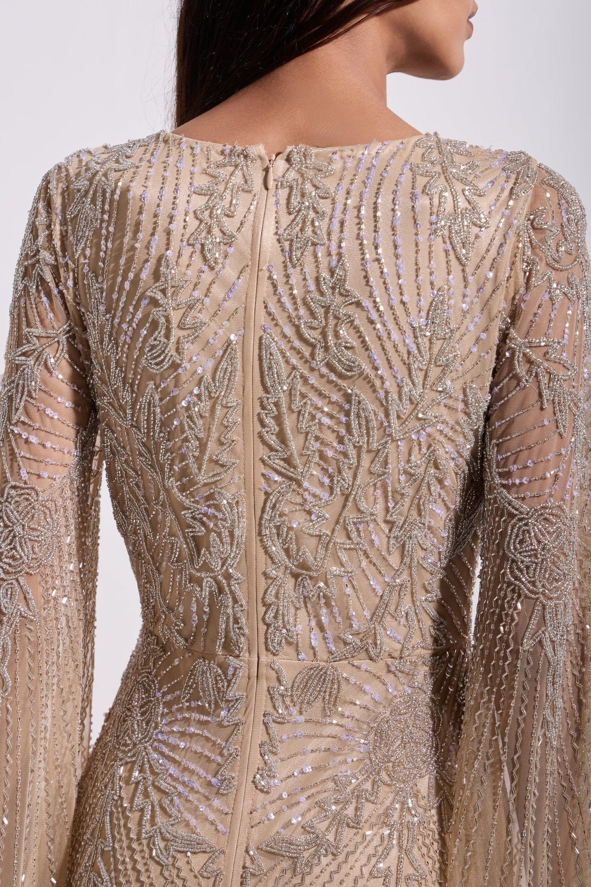 Nude Embellished Angel Sleeve Evening Maxi Dress