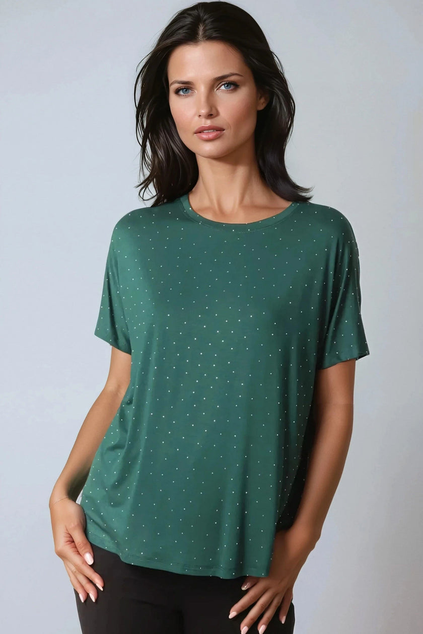 T-shirt verde a girocollo con decorazioni
