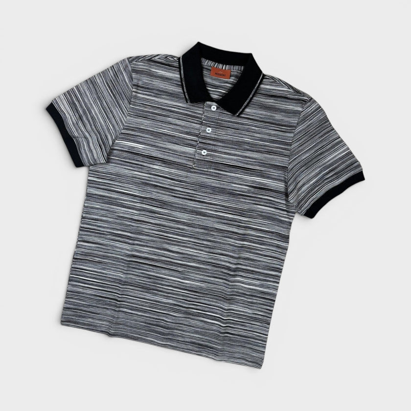 Striped Contrast Collar Polo Shirt Space Dyed Black White