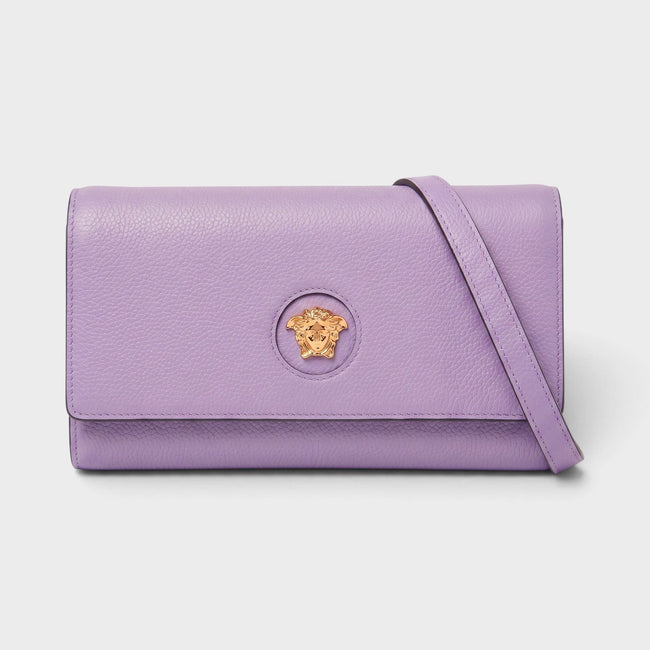 Medusa Leather Long Wallet On Strap Bag Gold Lilac Purple