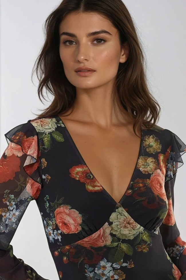 Black Floral V Neckline Midi Dress
