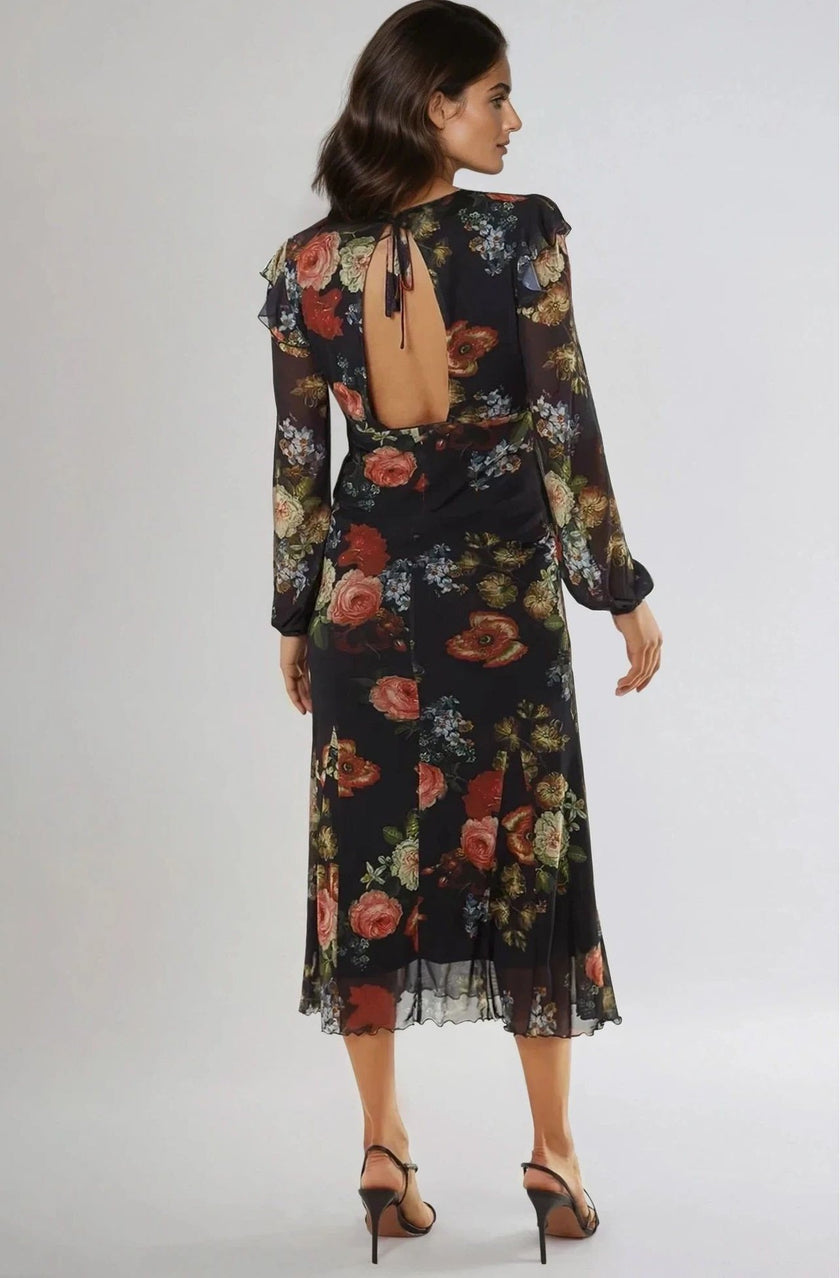 Black Floral V Neckline Midi Dress