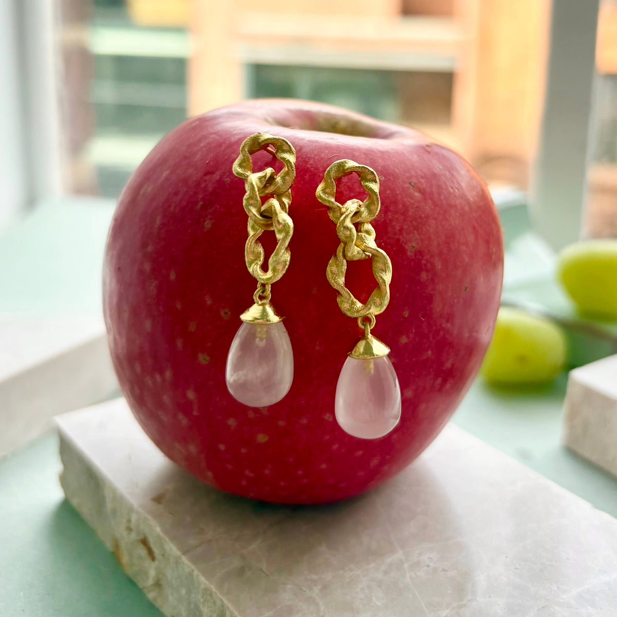 Moirai Double Twisted Loops Earrings Rose Quartz