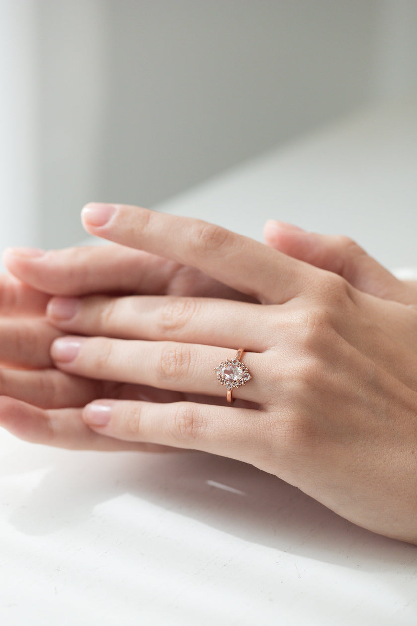 Pink Morganite Halo Ring in 18k Rose Vermeil