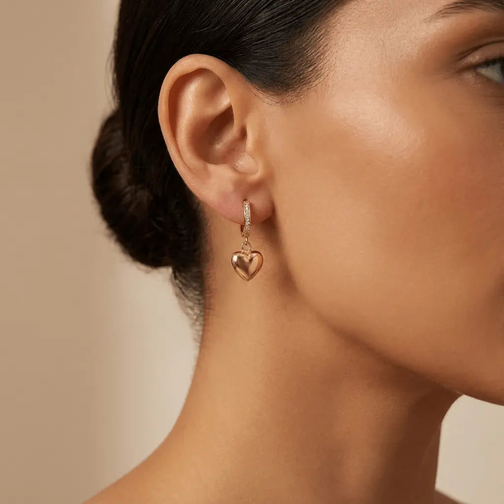 Solid Gold Earrings – Golden Heart Drop Hoop | Gold | Majestic Jewellery