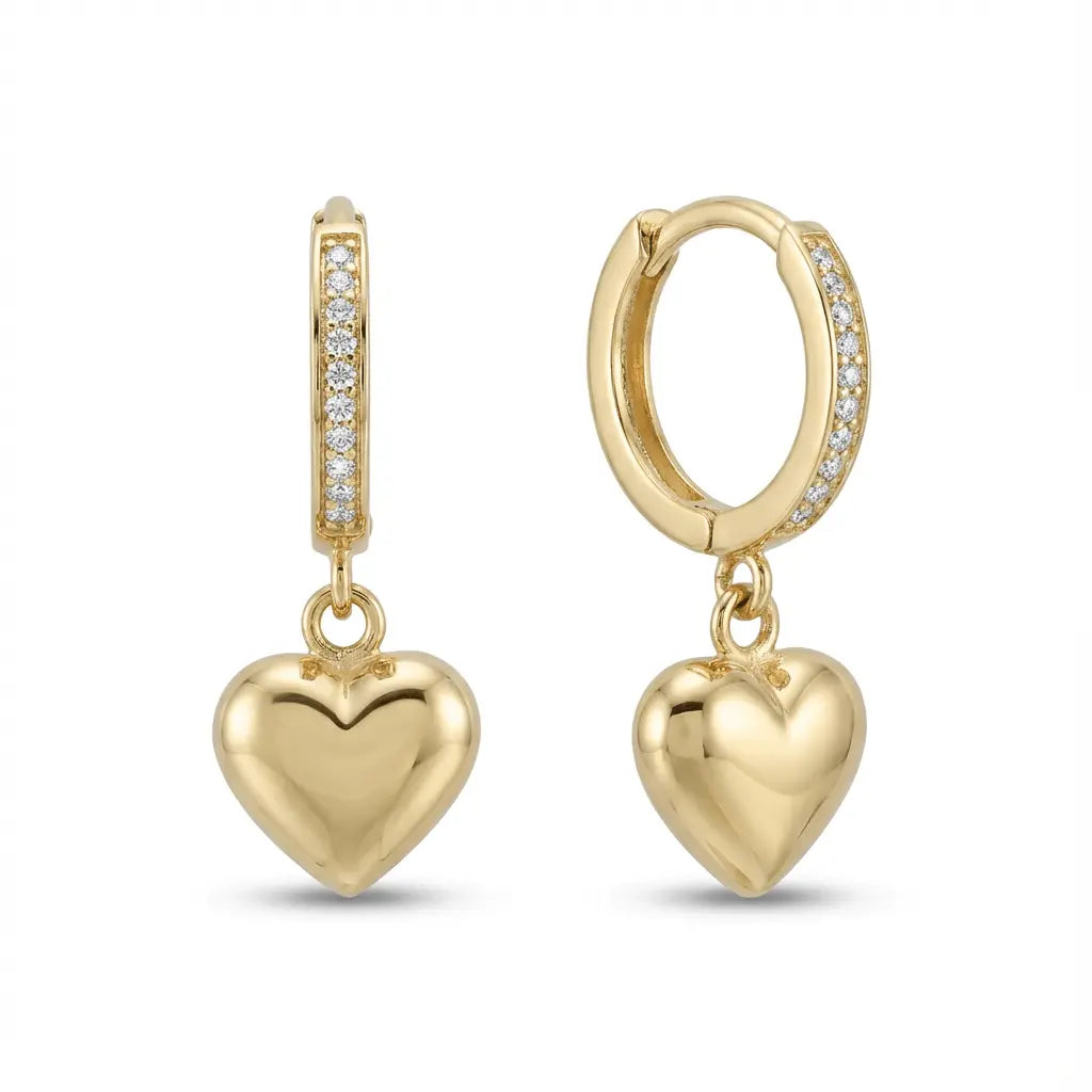 Solid Gold Earrings – Golden Heart Drop Hoop | Gold | Majestic Jewellery