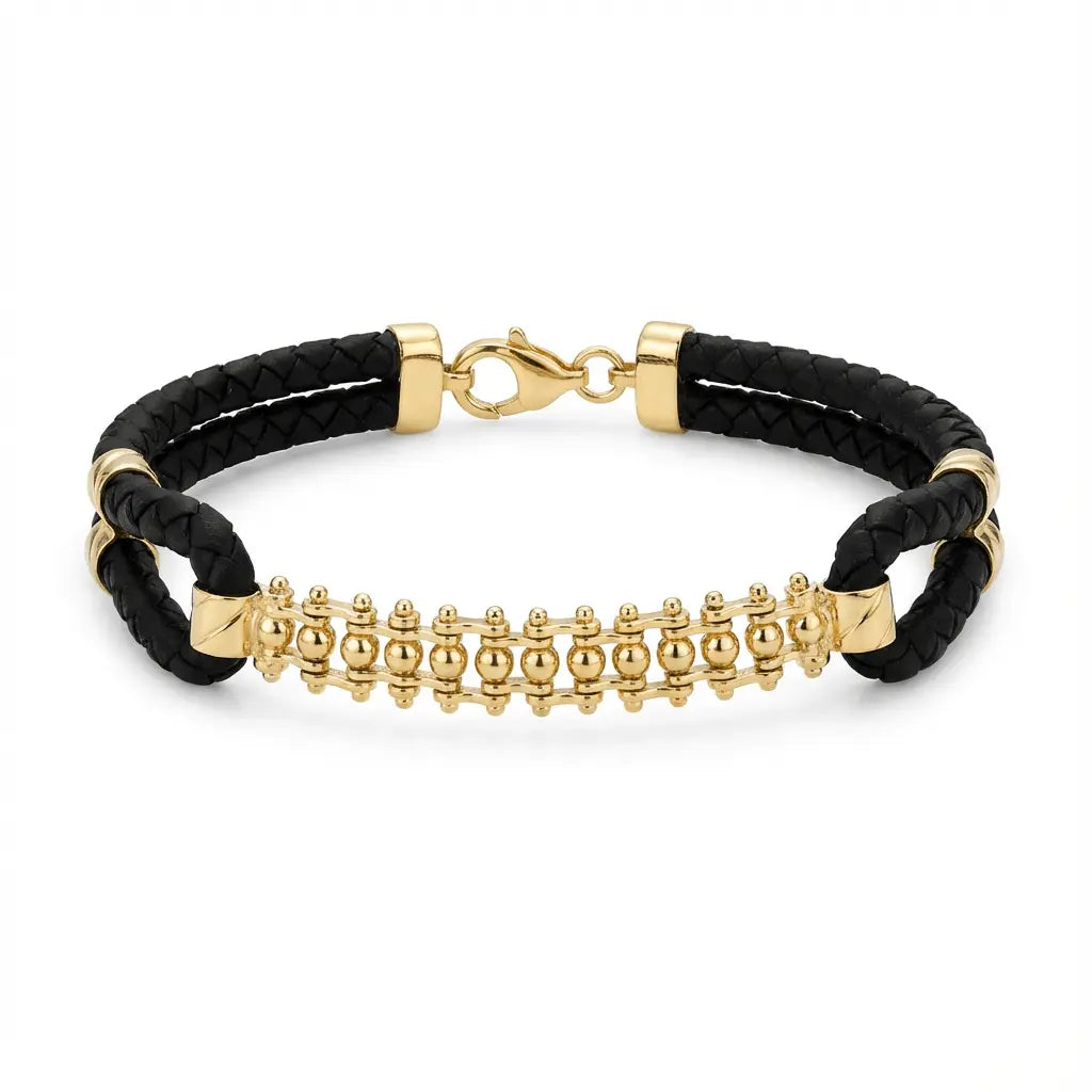 14K Gold Detail Bracelet – Golden Orbit Textured Link | Braided Black Band | Majestic Jewellery