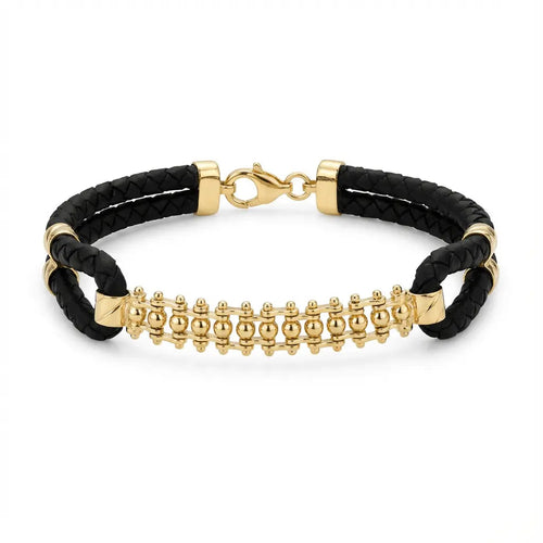 14K Gold Detail Armband – Golden Orbit Texturierte Glieder | Geflochtenes Schwarzes Band | Majestic Jewellery