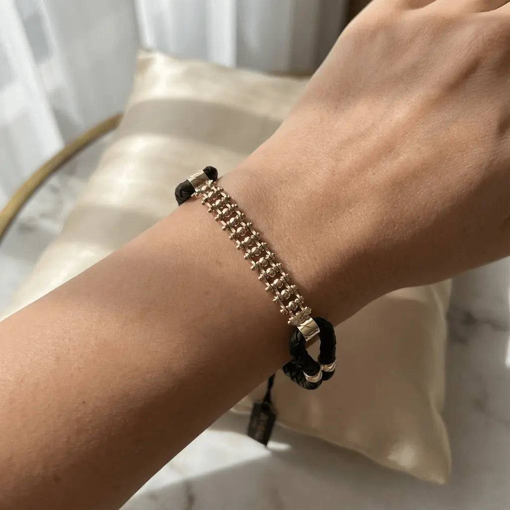 14K Gold Detail Bracelet – Golden Orbit Textured Link | Braided Black Band | Majestic Jewellery