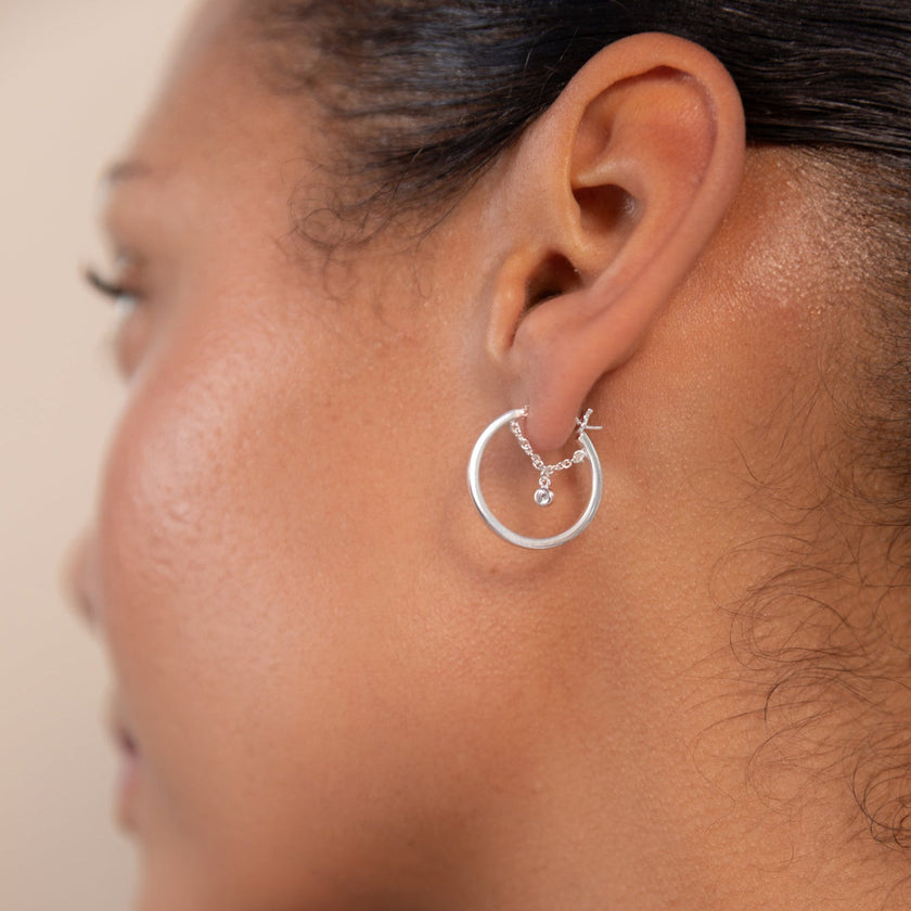 Silver White Gem Chain Hoop Earrings