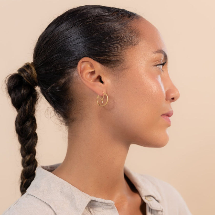 Gold White Gem Chain Hoop Earrings