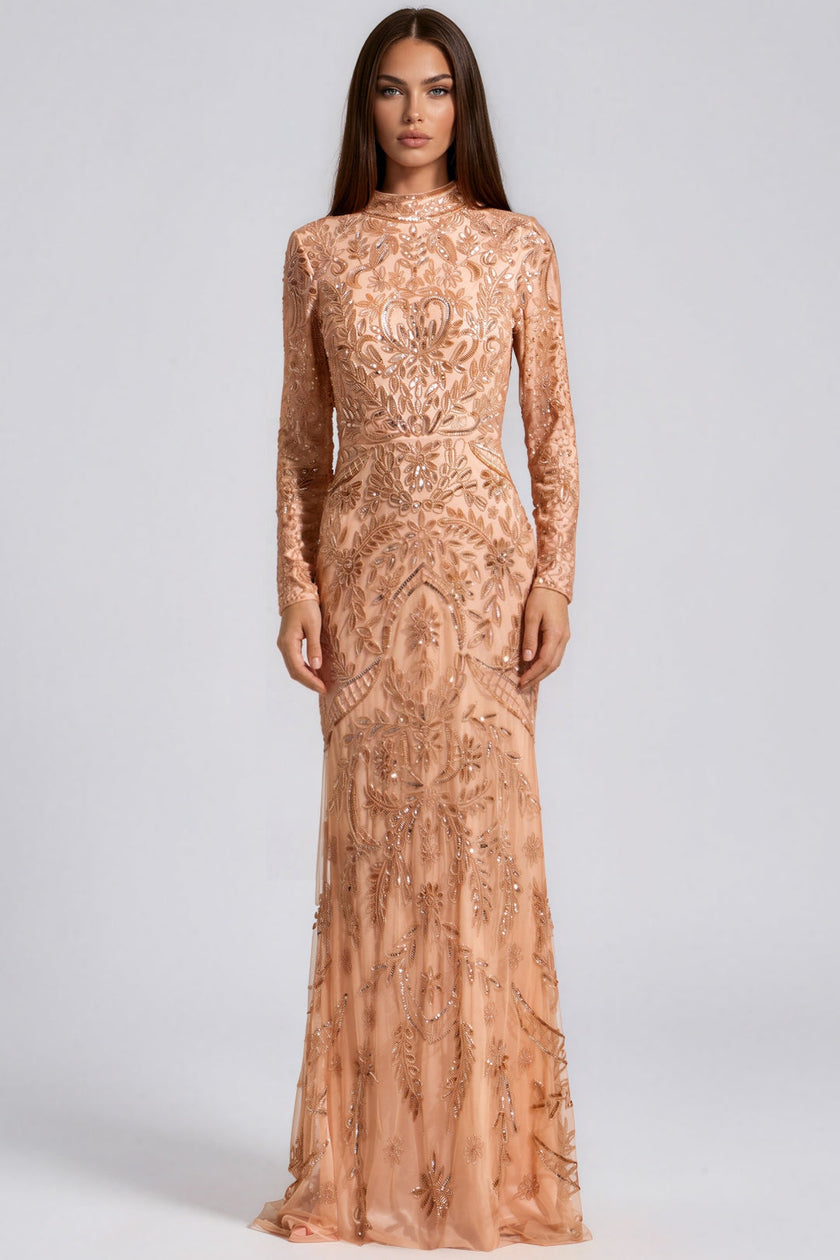 Champagne Peach Embellished High Neck Maxi Dress