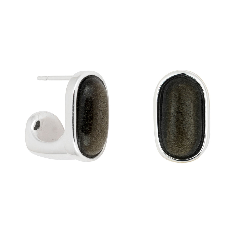 Black Obsidian Oval Earrings Silver