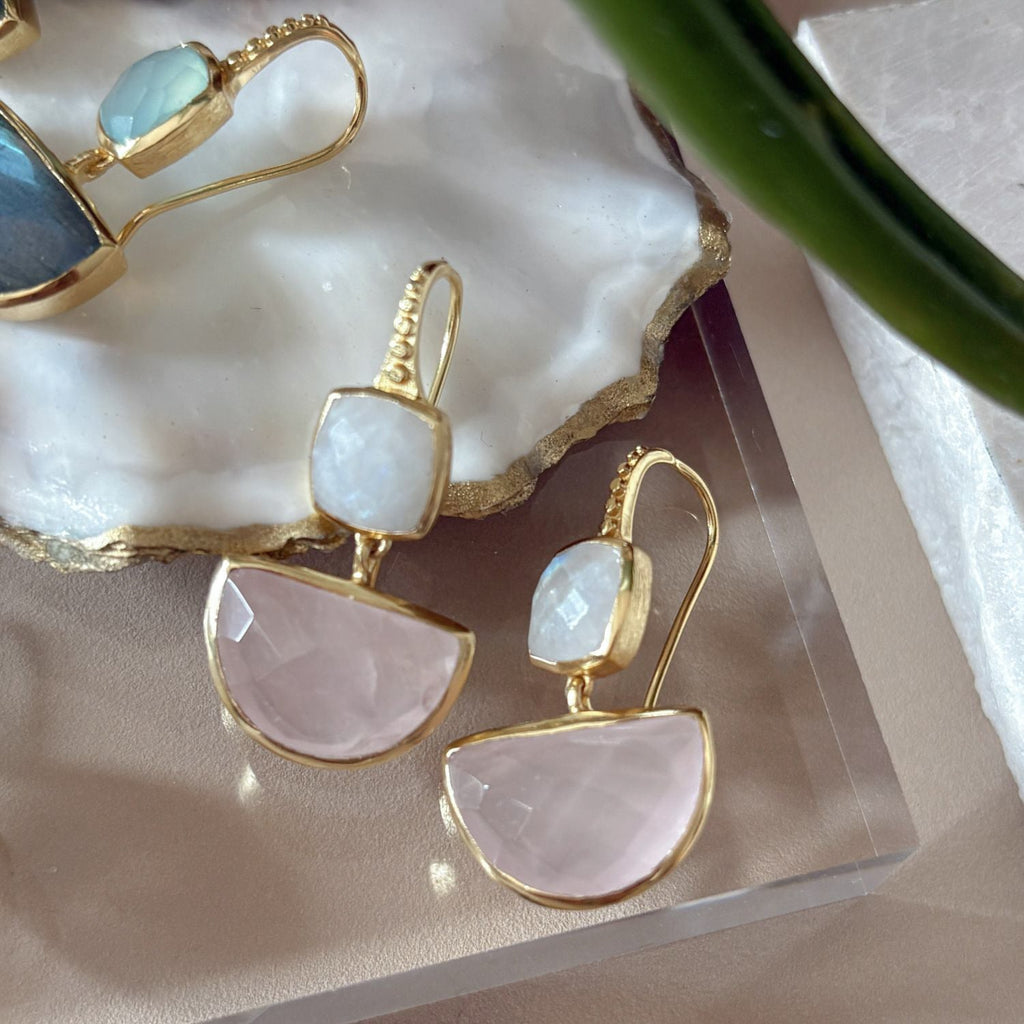 Charis Halfmoon Double Gemstone Earrings Moonstone & Rose Quartz