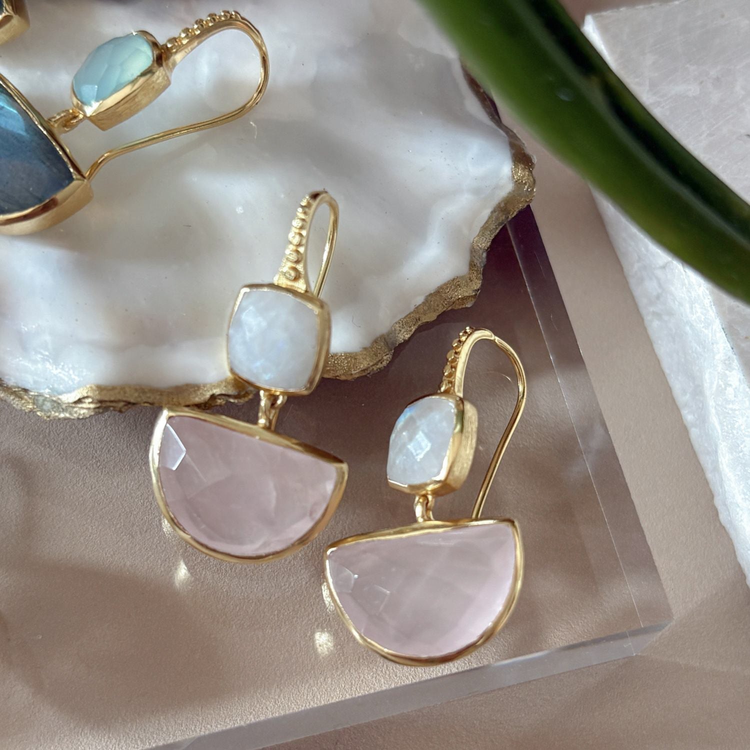 Charis Halfmoon Double Gemstone Earrings Moonstone & Rose Quartz