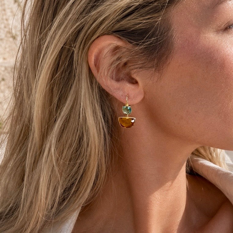 Charis Halfmoon Double Gemstone Earrings Blue Topaz & Citrine