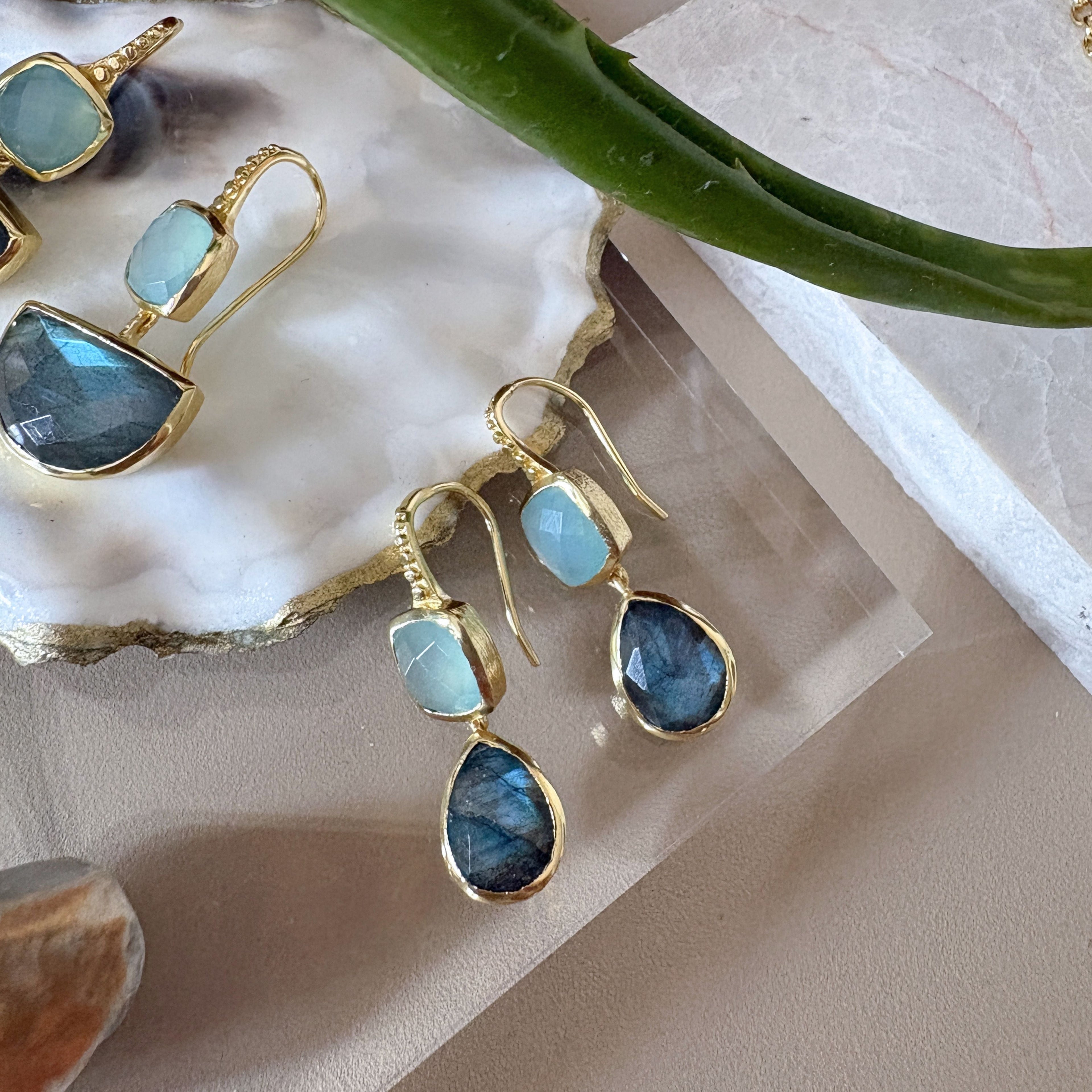 Charis Double Gemstone Earrings Pariba Onyx & Labradorite