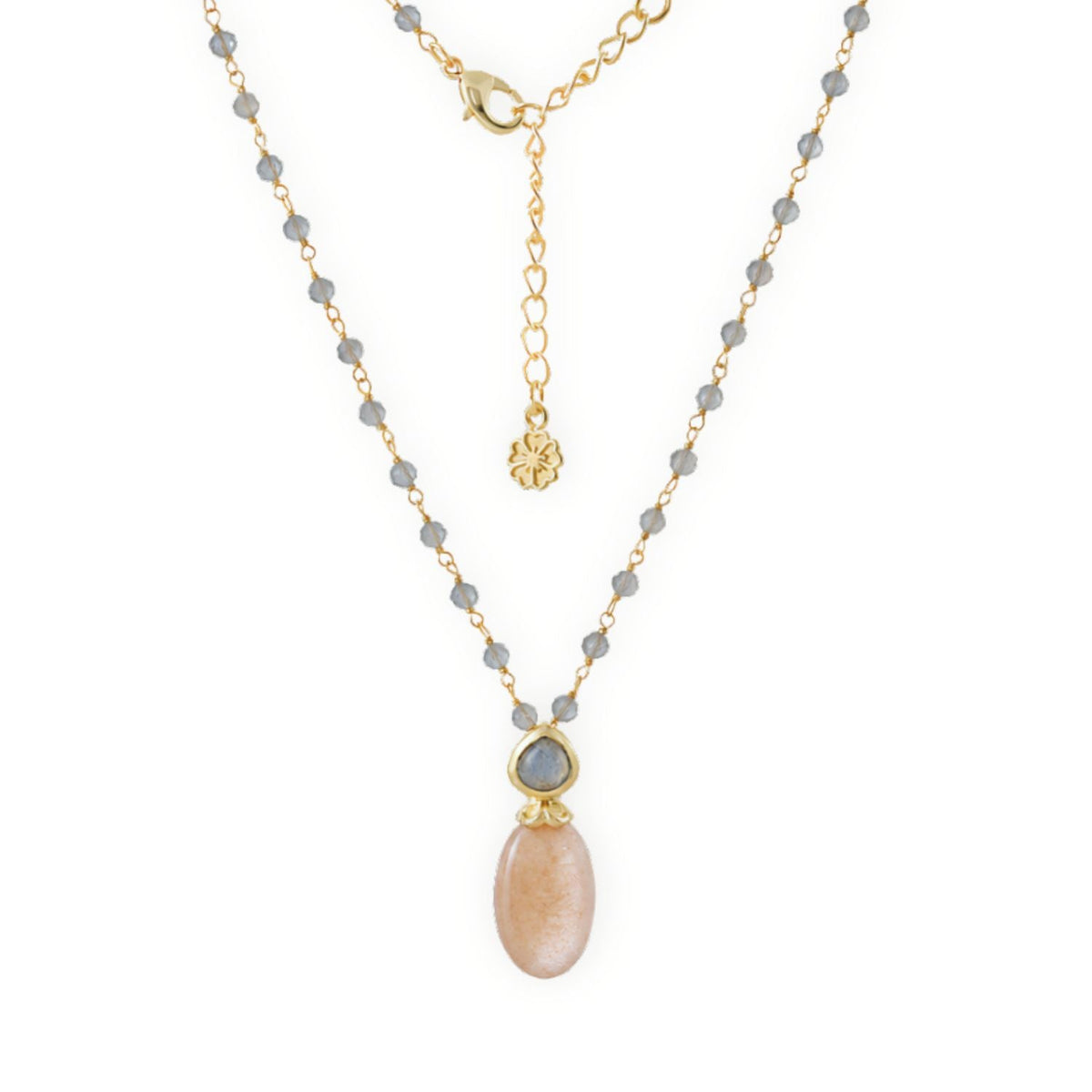 Collier chaîne de perles double gemme Perséphone Pierre de lune pêche et Labradorite