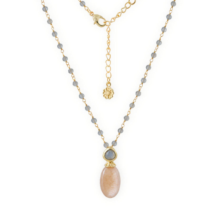 Collier chaîne de perles double gemme Perséphone Pierre de lune pêche et Labradorite