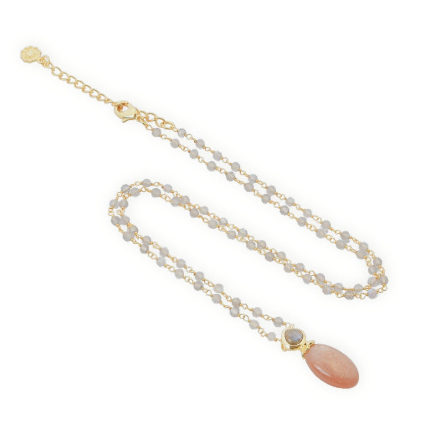 Collier chaîne de perles double gemme Perséphone Pierre de lune pêche et Labradorite