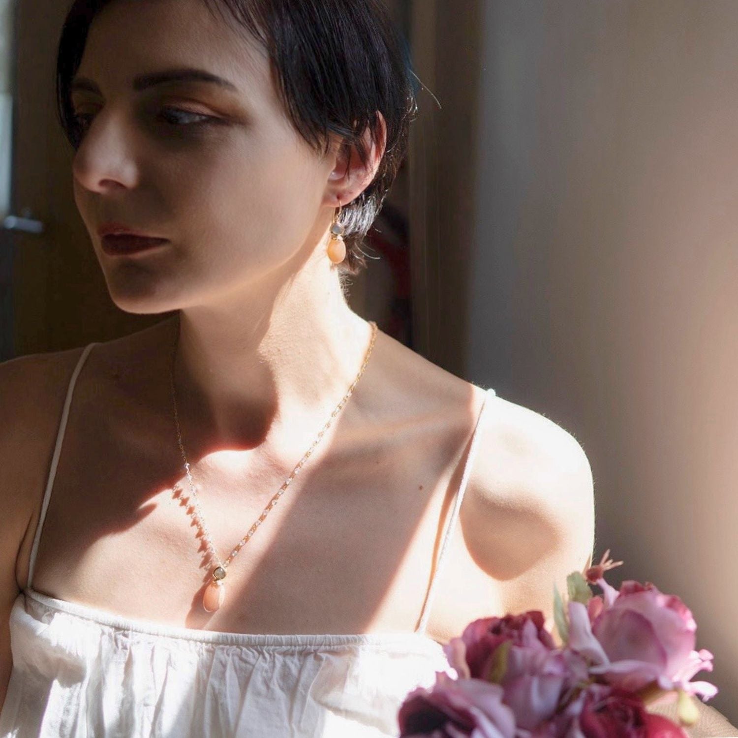 Persephone Double Gemstone Earrings Peach Moonstone & Labradorite