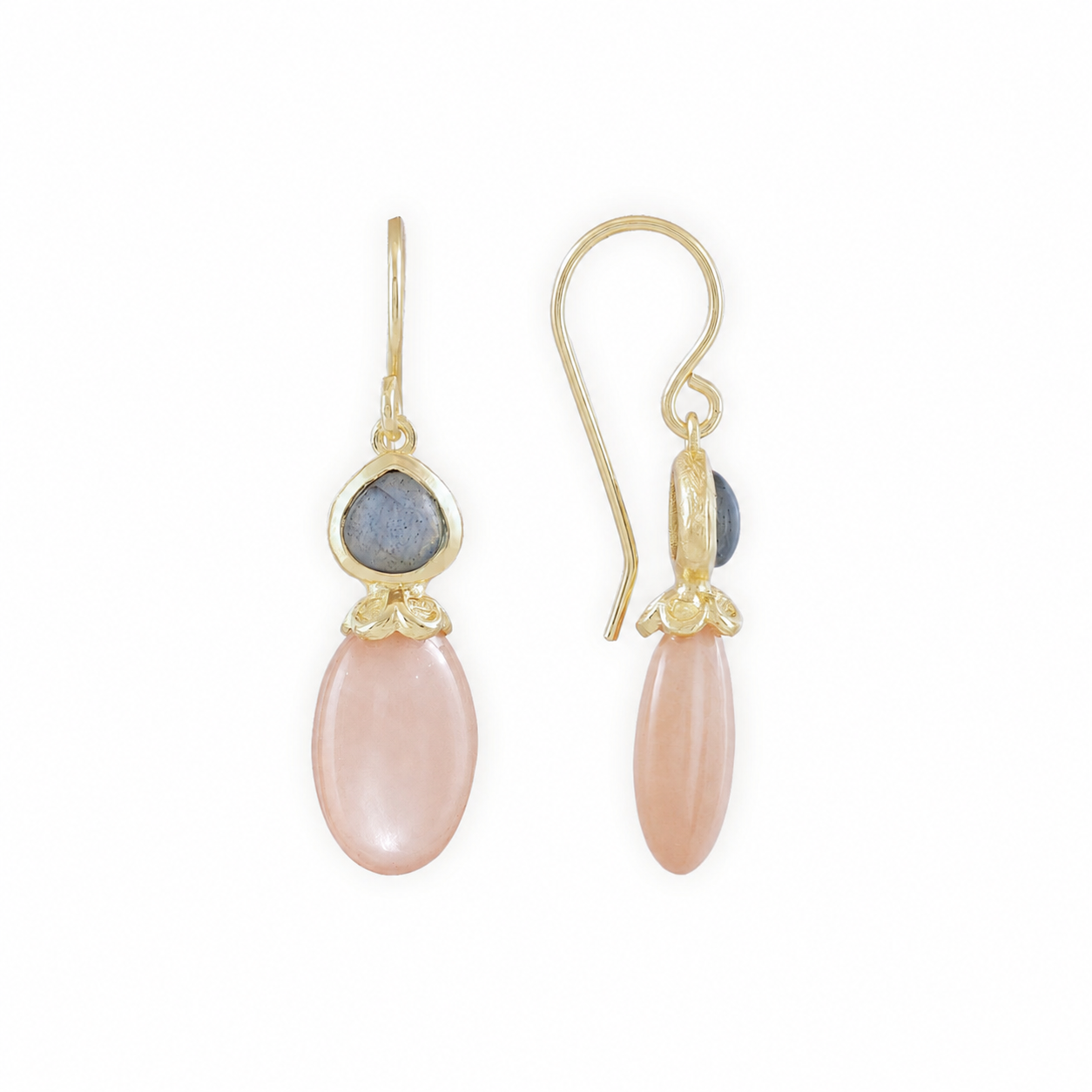 Persephone Double Gemstone Earrings Peach Moonstone & Labradorite