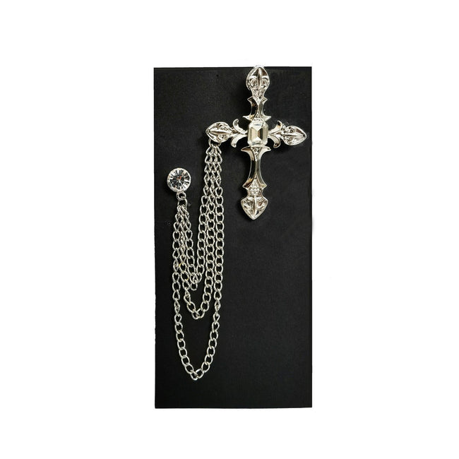 Jewelled Silver Cross Chain Lapel Pin