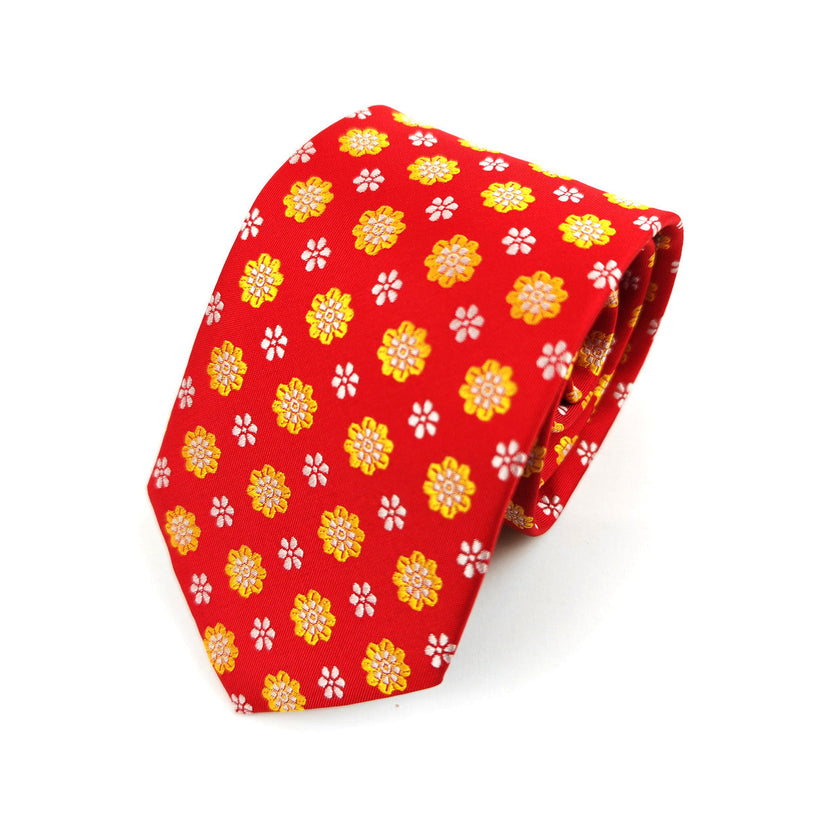 Red Yellow Flower Geometric Tie & Pocket Square Set